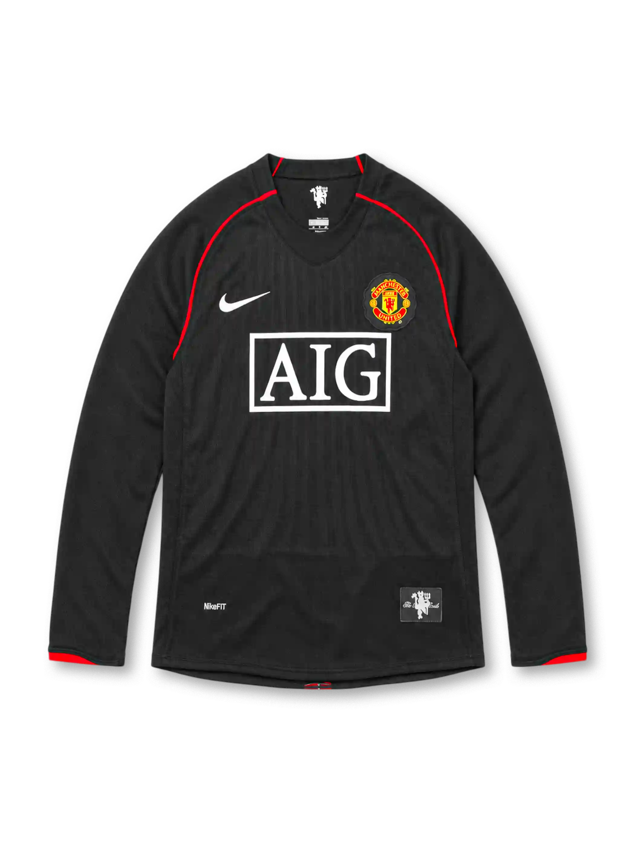 Manchester United 2007/08 black Nike away long sleeve jersey featuring subtle vertical pinstripes, red shoulder piping and sleeve cuff accents, white Nike Swoosh, full-color club crest, white AIG sponsor and Red Devils hem patch.