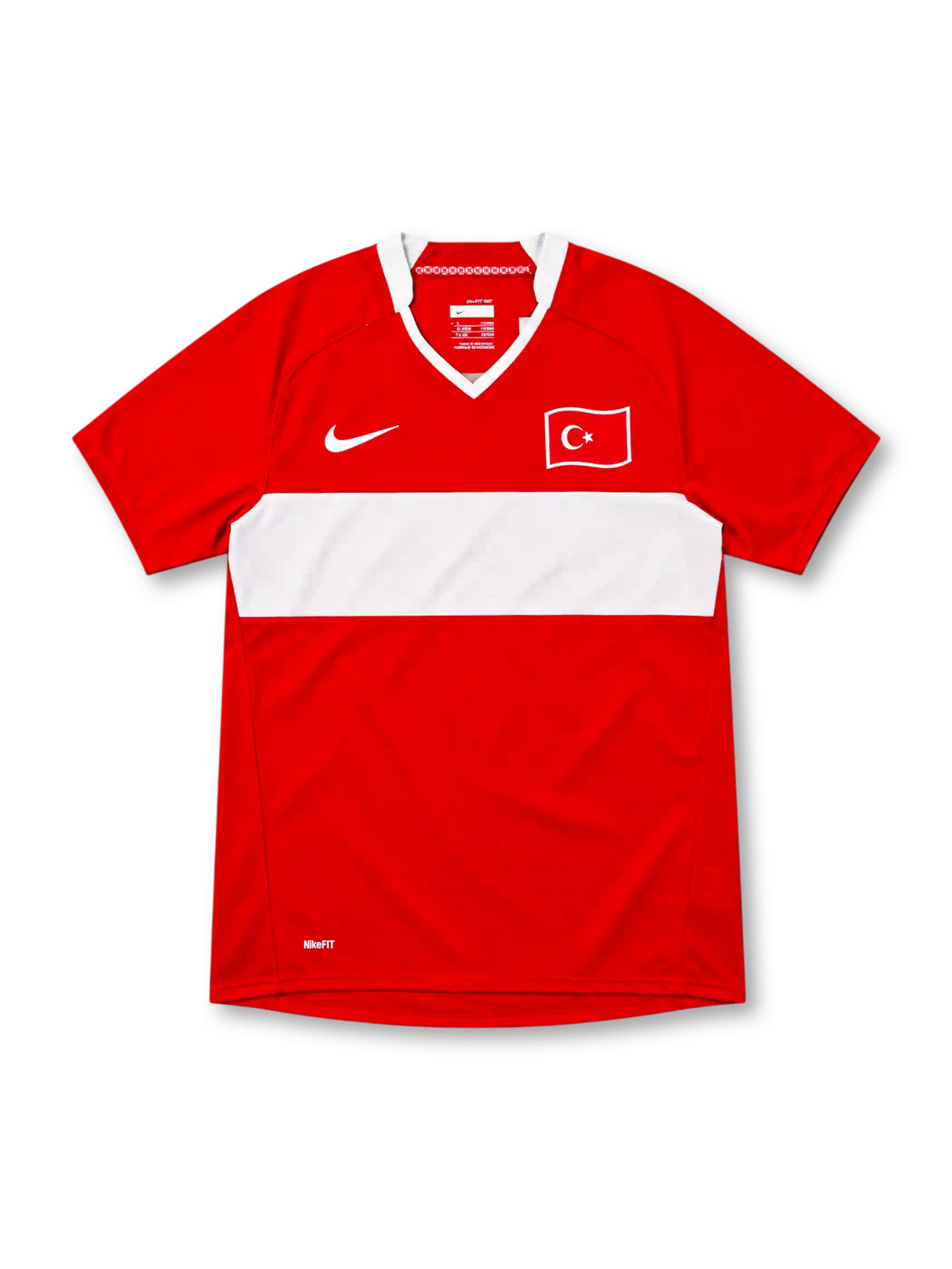 Türkiye 2008 red Nike home jersey featuring a wide white horizontal chest stripe, white-trimmed V-neck collar, white Nike Swoosh, Turkish crescent-and-star flag emblem, and NikeFIT branding.