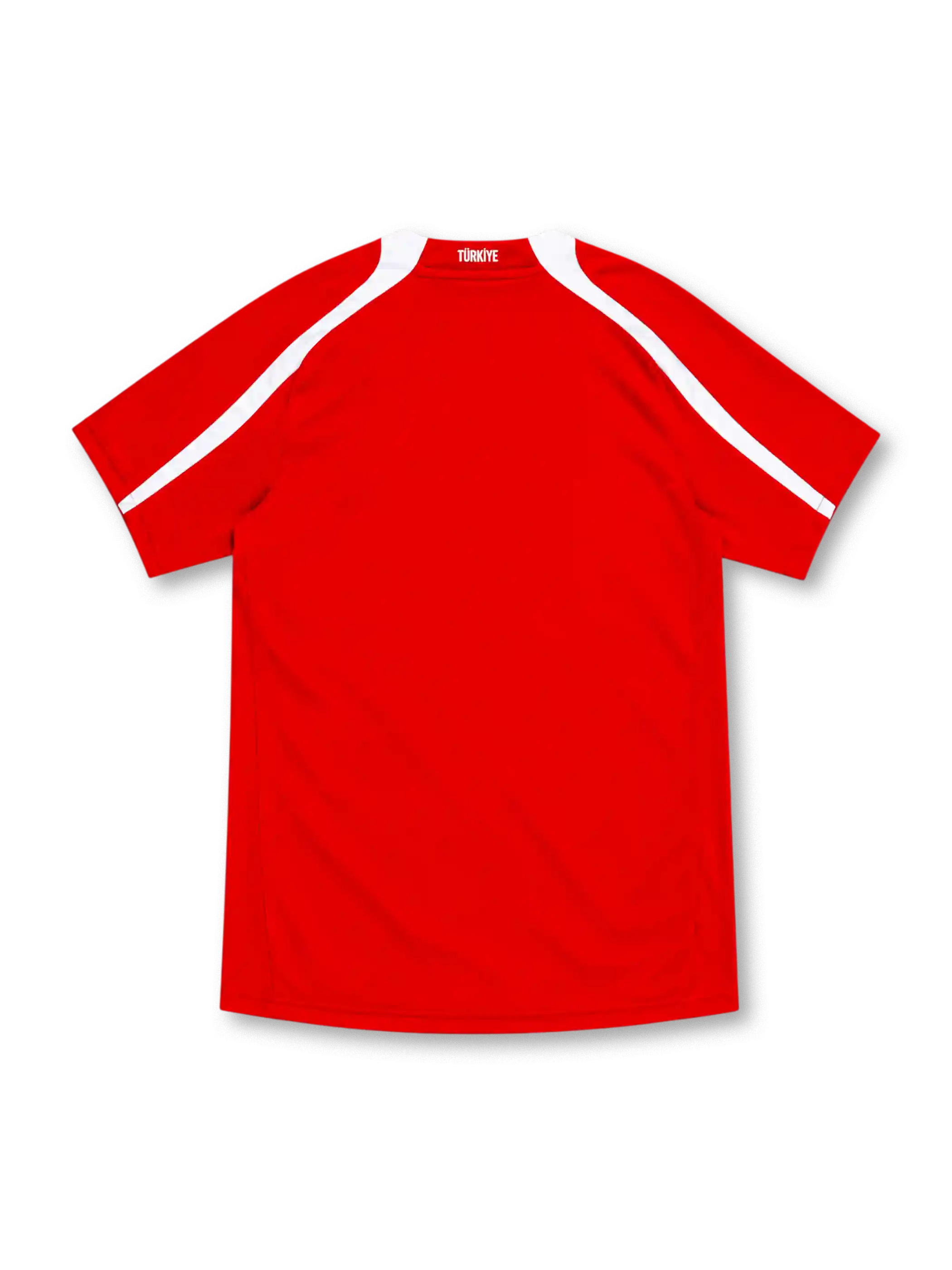 Türkiye 2008 red Nike home jersey featuring a wide white horizontal chest stripe, white-trimmed V-neck collar, white Nike Swoosh, Turkish crescent-and-star flag emblem, and NikeFIT branding.