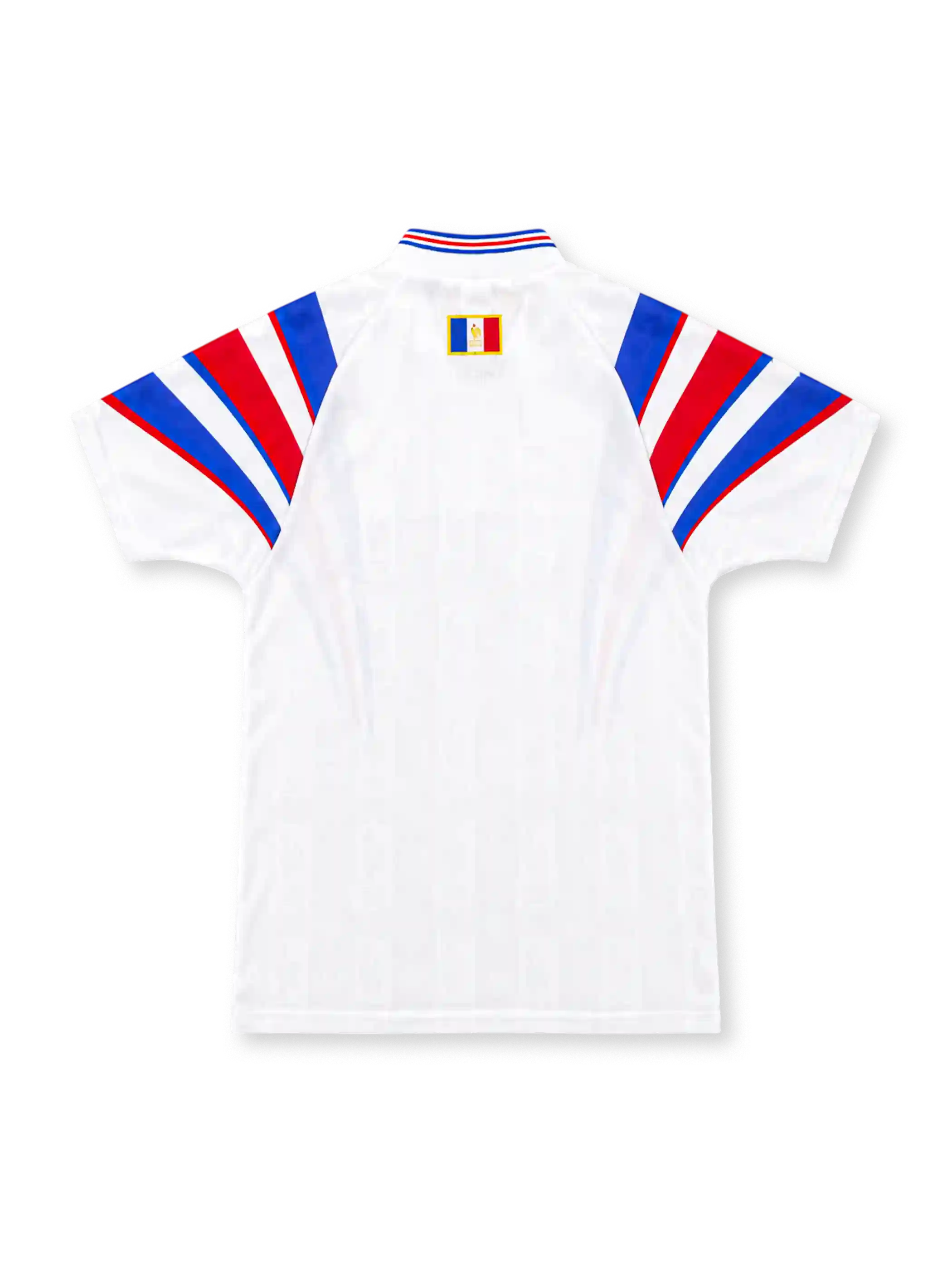 France 1996 white adidas away jersey featuring sweeping blue and red shoulder stripes, tricolor-trimmed V-neck collar, central blue adidas wordmark, gold French Football Federation rooster emblem, and heritage hem patch.