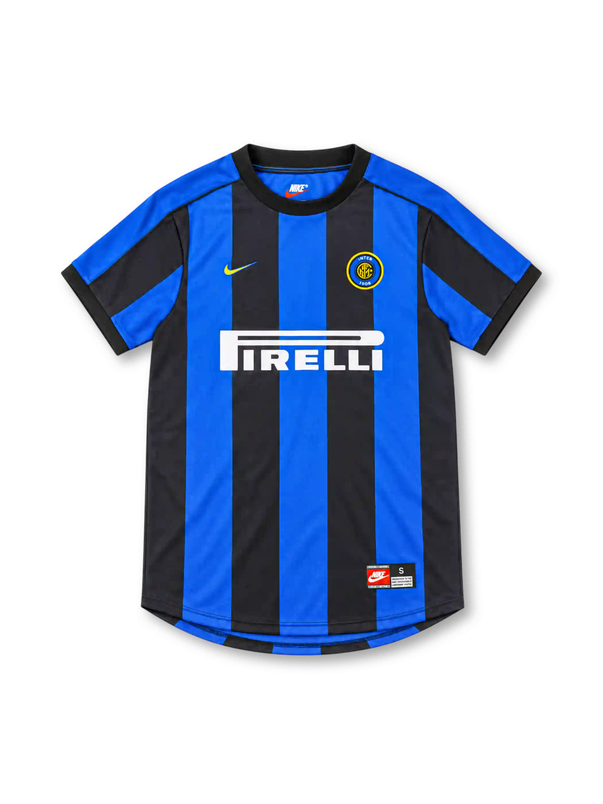 Inter Milan 1999/00 Nike home jersey with royal-blue and black vertical stripes, blue shoulder and sleeve panels, black crew-neck collar, yellow Nike Swoosh, circular Inter crest and white Pirelli sponsor.