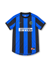 Inter Milan 1999/00 Nike home jersey with royal-blue and black vertical stripes, blue shoulder and sleeve panels, black crew-neck collar, yellow Nike Swoosh, circular Inter crest and white Pirelli sponsor.