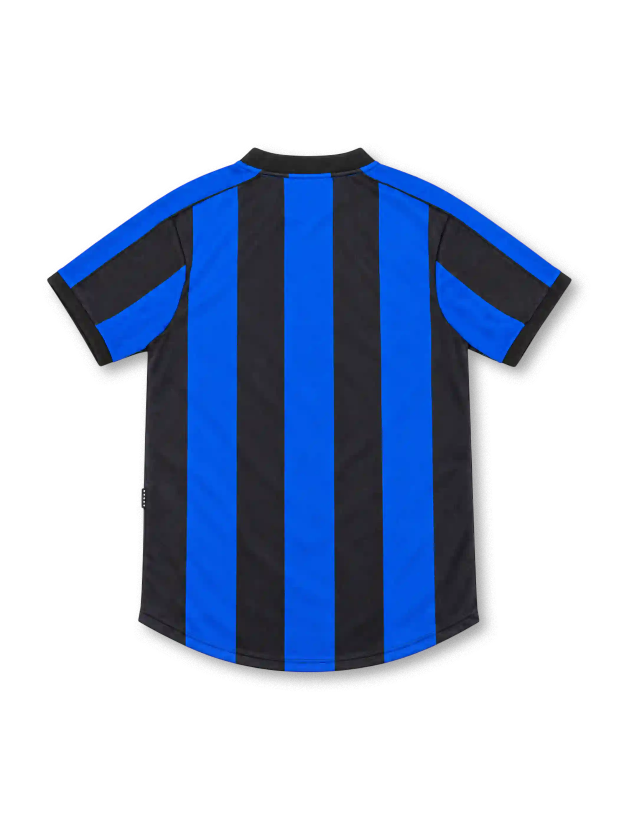 Inter Milan 1999/00 Nike home jersey with royal-blue and black vertical stripes, blue shoulder and sleeve panels, black crew-neck collar, yellow Nike Swoosh, circular Inter crest and white Pirelli sponsor.