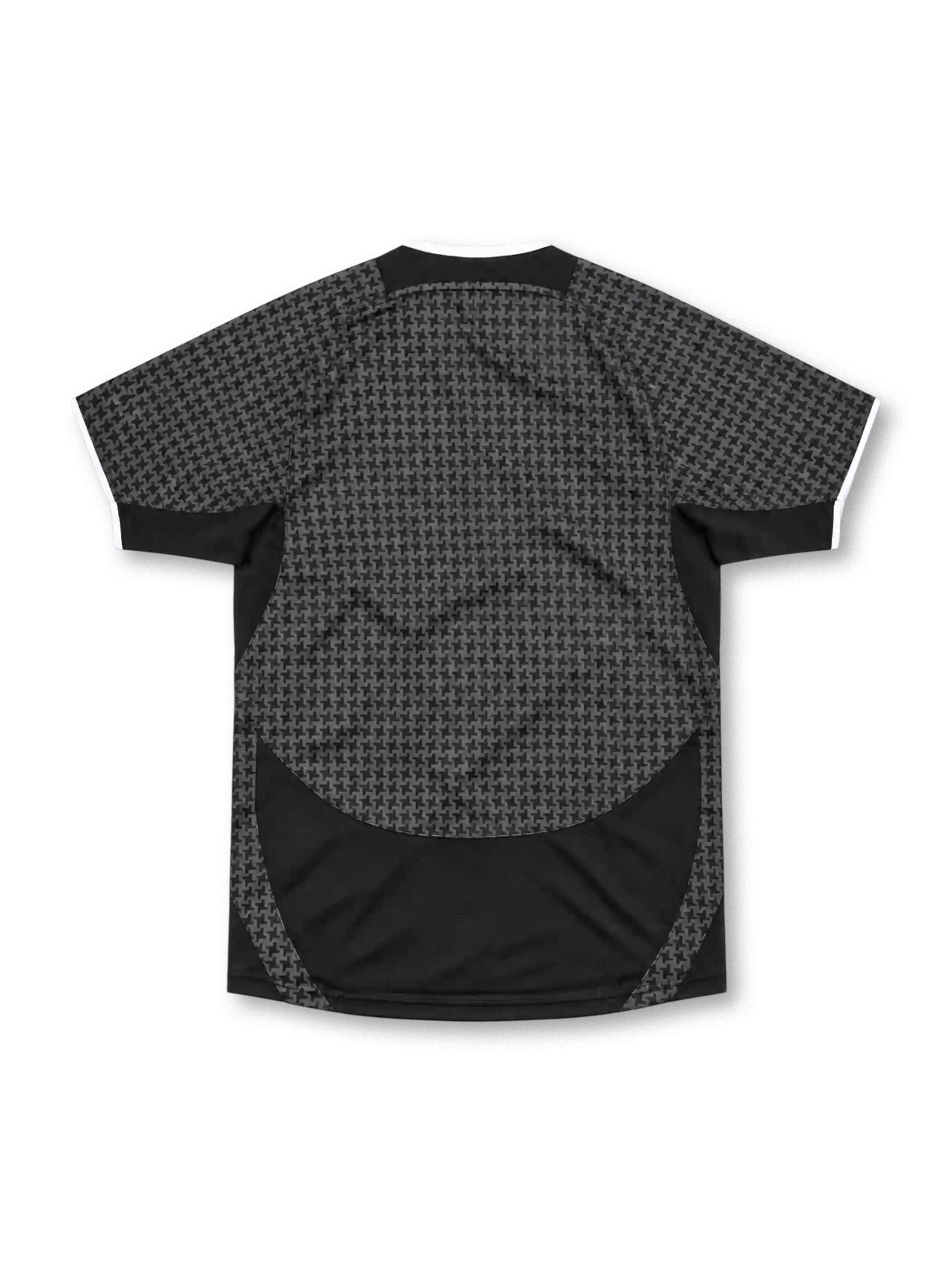 Manchester United 2003/05 Nike away jersey in black and charcoal grey with an all-over geometric pattern, white-trimmed collar and sleeve cuffs, white Nike Swoosh, Manchester United crest and Vodafone sponsor.