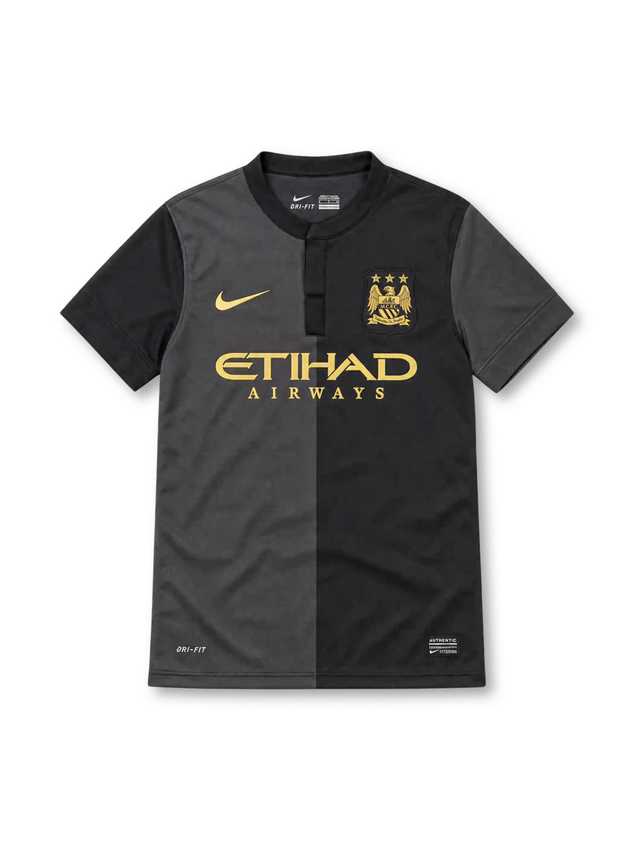 Manchester City 2013/14 Nike away jersey featuring a charcoal grey and black half-and-half design, black band collar, gold Nike Swoosh, gold Manchester City crest, Etihad Airways sponsor, and Dri-FIT branding.