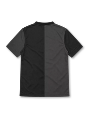 Manchester City 2013/14 Nike away jersey featuring a charcoal grey and black half-and-half design, black band collar, gold Nike Swoosh, gold Manchester City crest, Etihad Airways sponsor, and Dri-FIT branding.