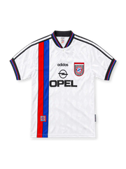 Bayern Munich 1996/97 white adidas away jersey with a vertical red-and-blue stripe, black polo collar with tricolor trim, black adidas wordmark, Bayern Munich shield crest and black Opel sponsor.