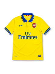 Arsenal 2013/14 yellow Nike away jersey featuring a blue polo collar with yellow trim, blue sleeve cuffs, blue Nike Swoosh, Arsenal club crest, blue Fly Emirates sponsor, Dri-FIT branding and Authentic hem label.