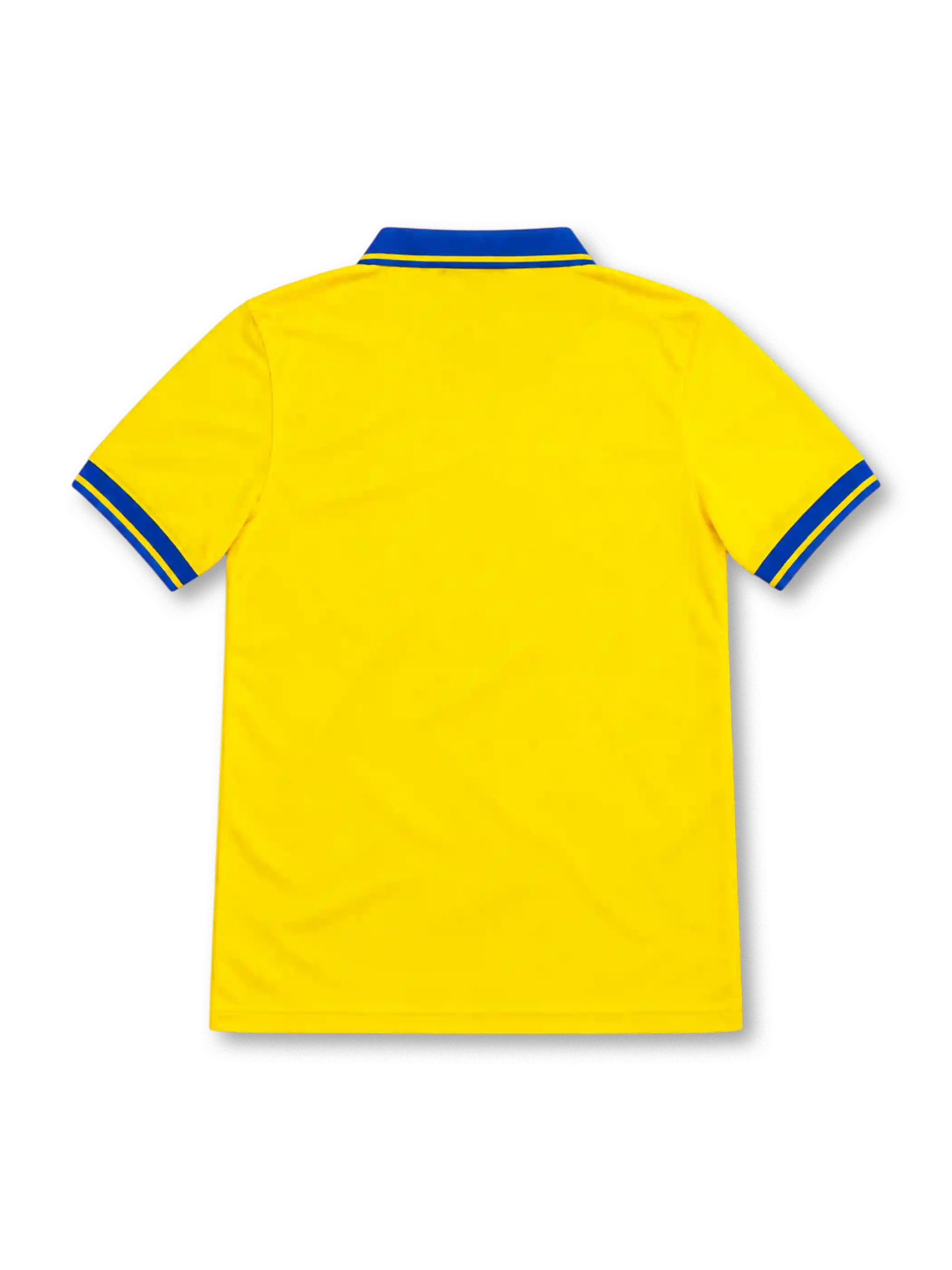 Arsenal 2013/14 yellow Nike away jersey featuring a blue polo collar with yellow trim, blue sleeve cuffs, blue Nike Swoosh, Arsenal club crest, blue Fly Emirates sponsor, Dri-FIT branding and Authentic hem label.