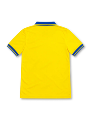 Arsenal 2013/14 yellow Nike away jersey featuring a blue polo collar with yellow trim, blue sleeve cuffs, blue Nike Swoosh, Arsenal club crest, blue Fly Emirates sponsor, Dri-FIT branding and Authentic hem label.