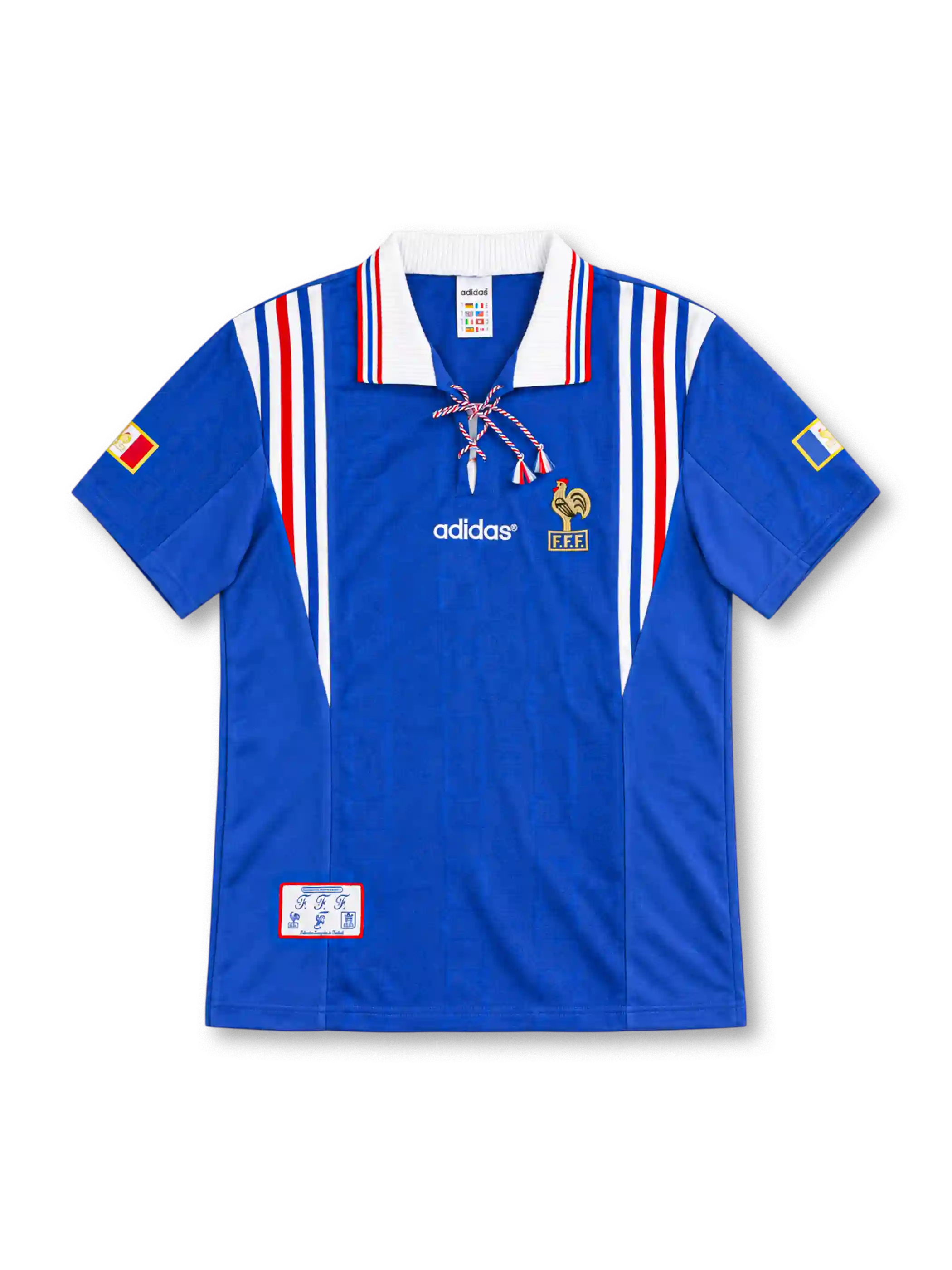 France 1996 royal-blue adidas home jersey with red-and-white shoulder stripes, white fold-down collar, braided tricolor lace-up neckline, white adidas wordmark, gold FFF rooster emblem, and heritage hem patch.