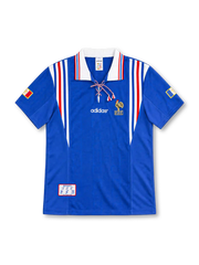 France 1996 royal-blue adidas home jersey with red-and-white shoulder stripes, white fold-down collar, braided tricolor lace-up neckline, white adidas wordmark, gold FFF rooster emblem, and heritage hem patch.