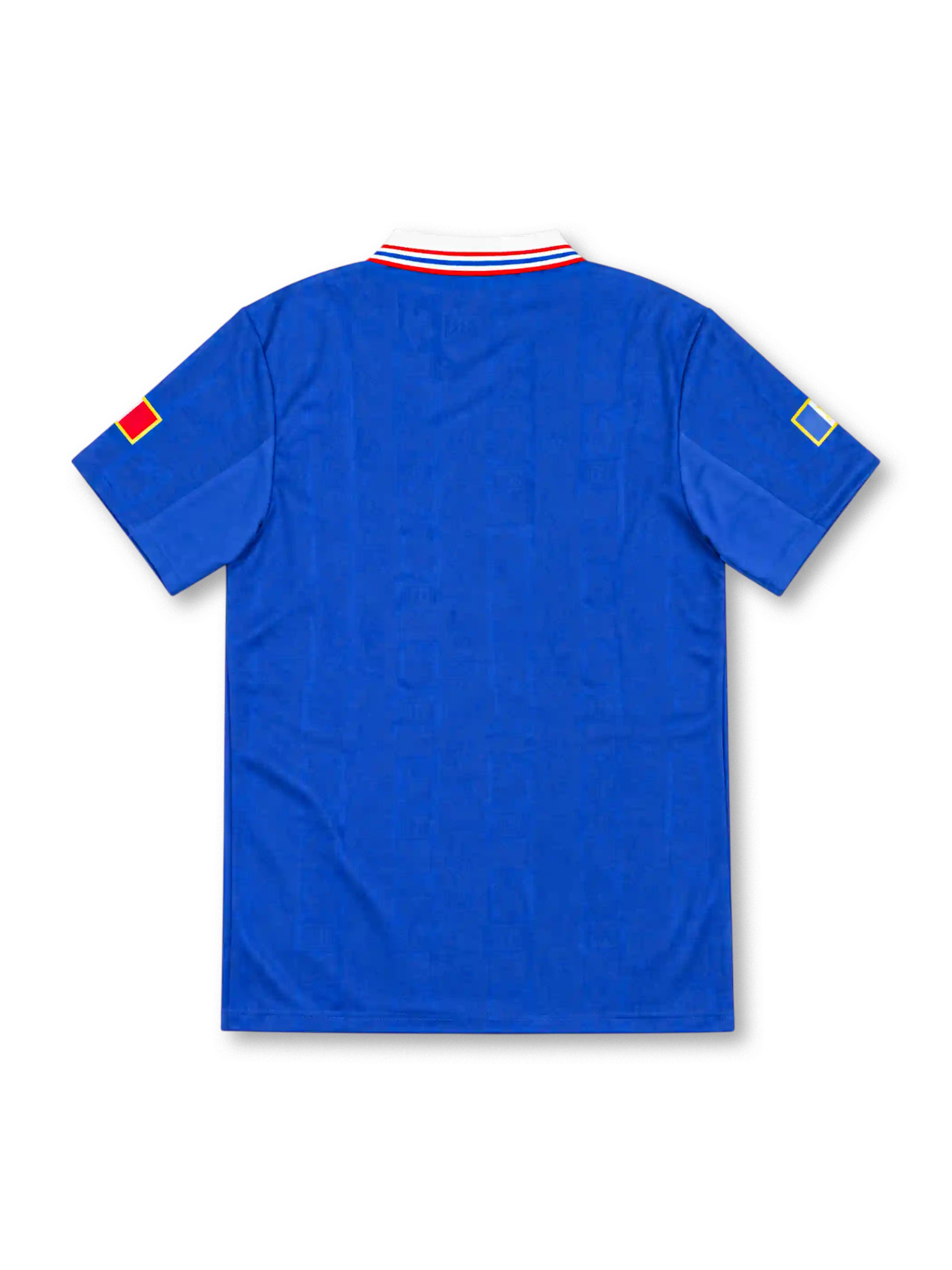 France 1996 royal-blue adidas home jersey with red-and-white shoulder stripes, white fold-down collar, braided tricolor lace-up neckline, white adidas wordmark, gold FFF rooster emblem, and heritage hem patch.