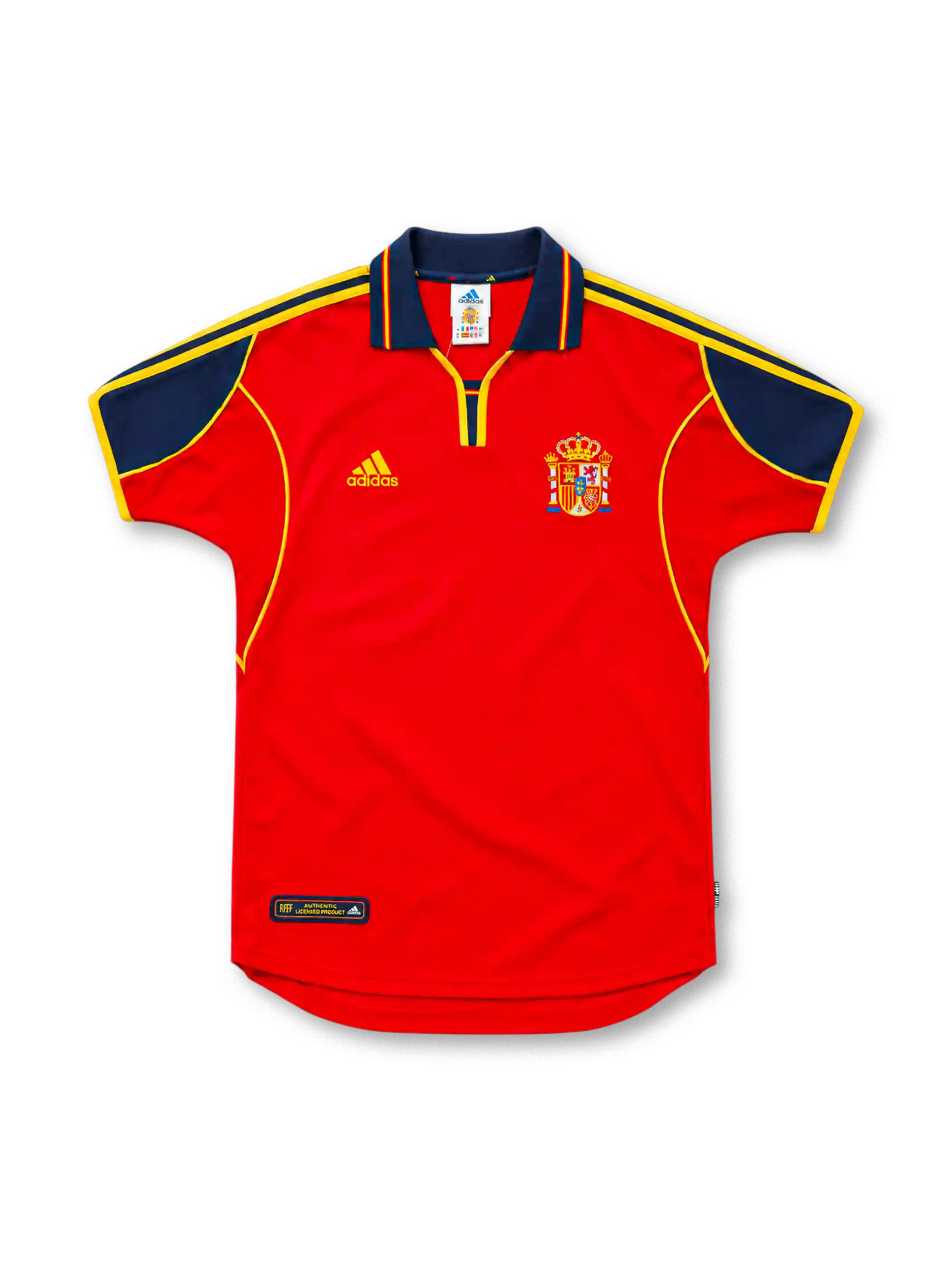 Spain 2000 red adidas home jersey featuring a navy-blue polo collar and shoulder panels, yellow three-stripe details, yellow piping, adidas logo, Spanish national crest, and Authentic Licensed Product hem label.