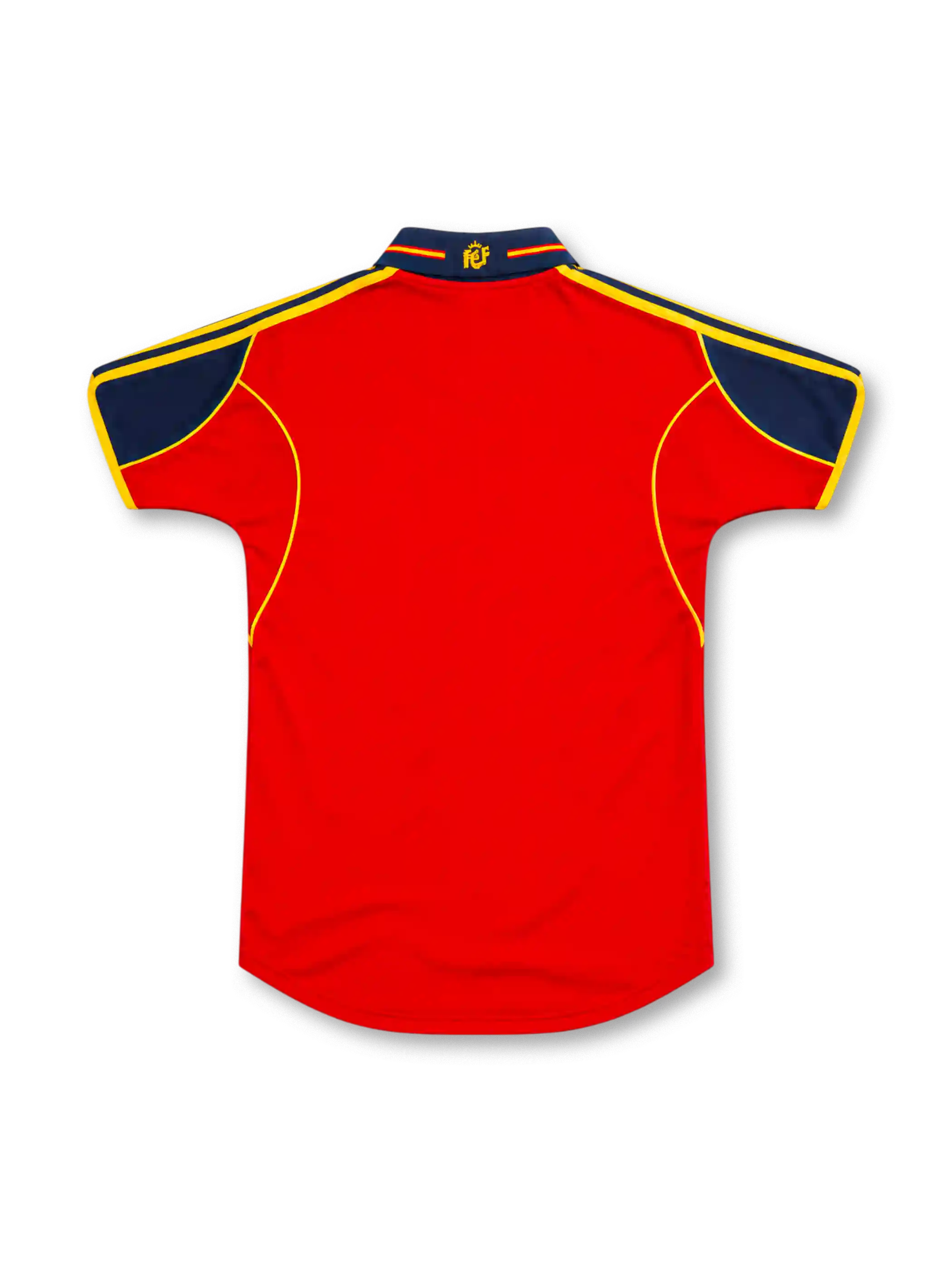 Spain 2000 red adidas home jersey featuring a navy-blue polo collar and shoulder panels, yellow three-stripe details, yellow piping, adidas logo, Spanish national crest, and Authentic Licensed Product hem label.
