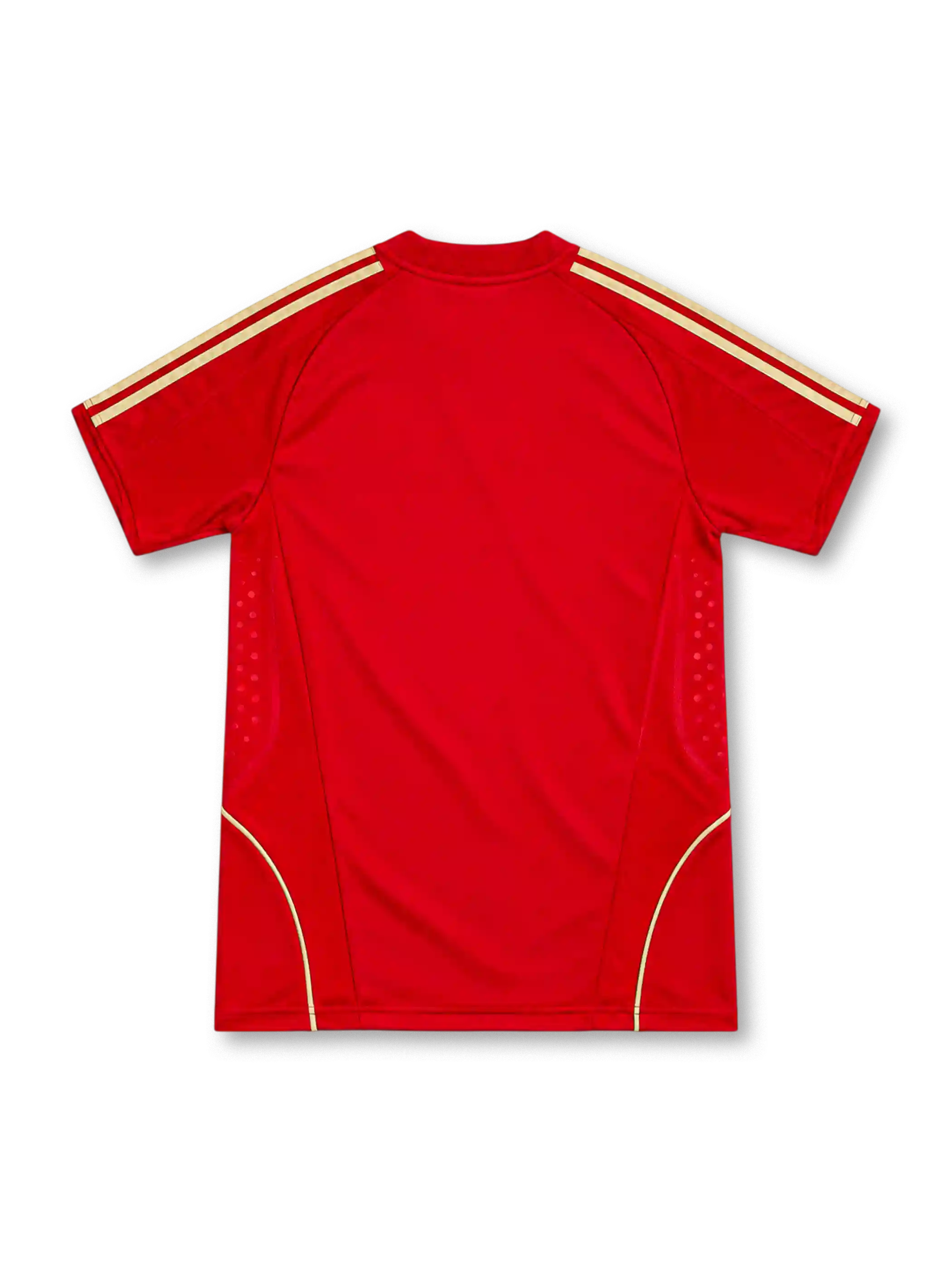 Spain 2008 adidas home jersey in bright red with gold shoulder stripes, gold curved piping, red crew-neck collar, yellow adidas logo, Spanish national crest, and patterned side panels.