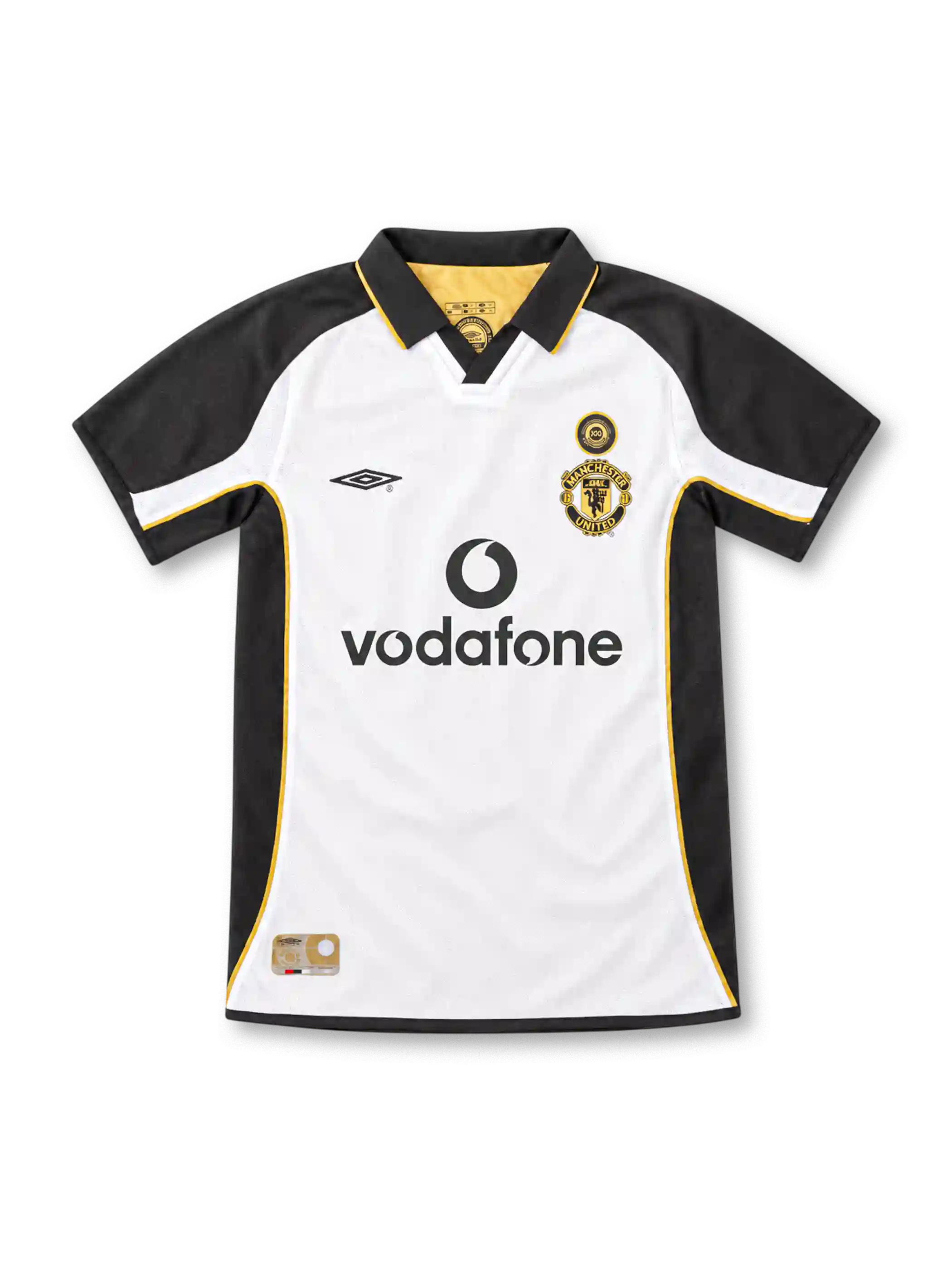 Manchester United 2001/02 centenary away jersey by Umbro in white and black with gold piping, a black polo collar, special centenary crest, black Vodafone sponsor, and commemorative hem label.