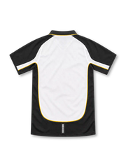Manchester United 2001/02 centenary away jersey by Umbro in white and black with gold piping, a black polo collar, special centenary crest, black Vodafone sponsor, and commemorative hem label.