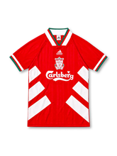 Liverpool 1993/95 adidas home jersey in red with bold white diagonal side stripes, white fold-down collar with red and green trim, central Liverpool club crest, white adidas Equipment logo and Carlsberg sponsor.