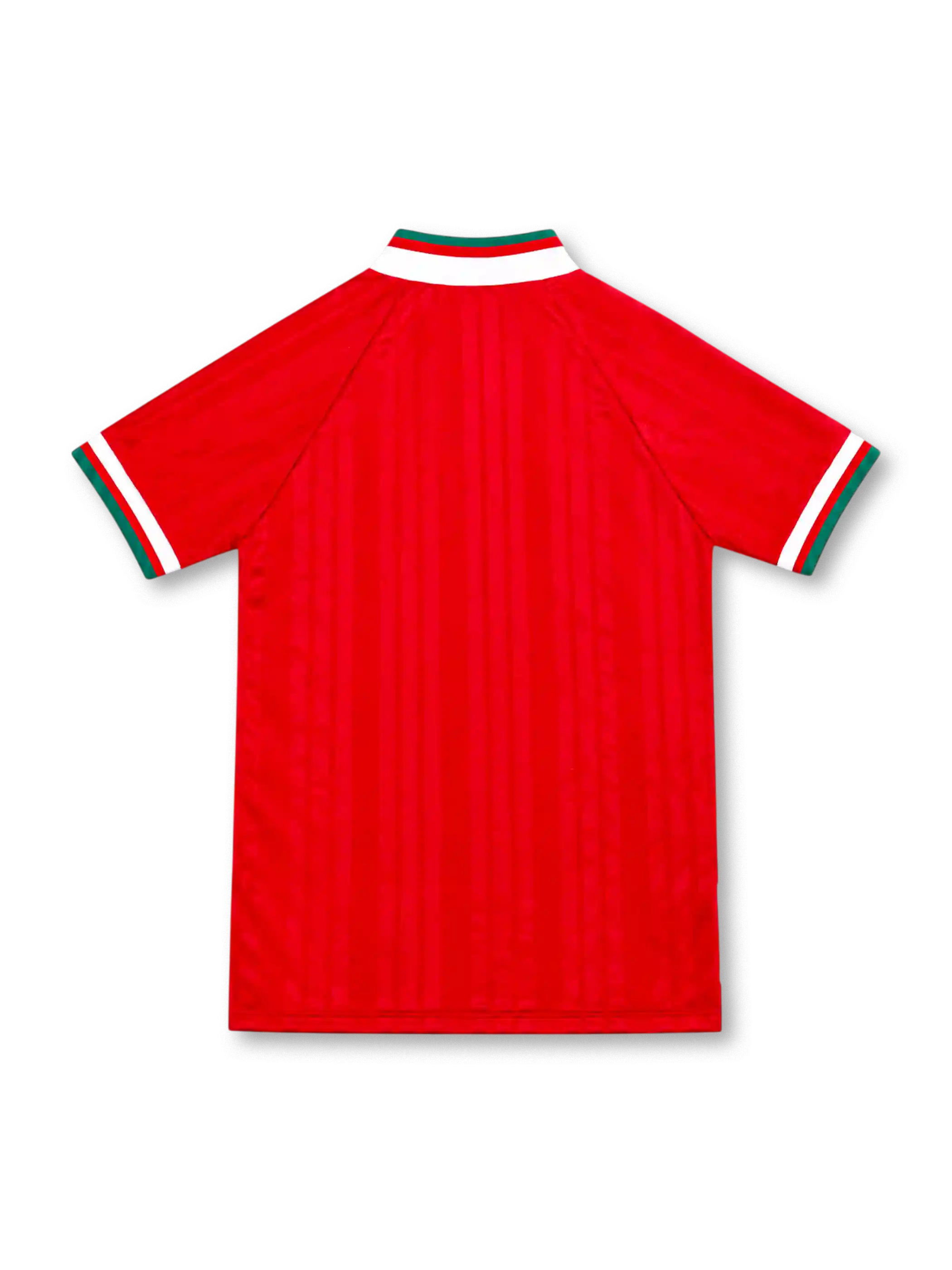 Liverpool 1993/95 adidas home jersey in red with bold white diagonal side stripes, white fold-down collar with red and green trim, central Liverpool club crest, white adidas Equipment logo and Carlsberg sponsor.