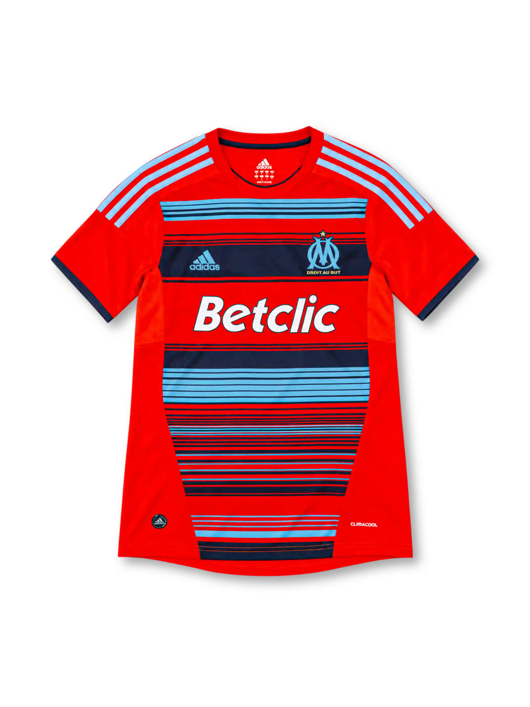 Olympique Marseille 2011/12 adidas third jersey featuring a red body, sky-blue and navy horizontal stripes, light-blue shoulder stripes, OM crest, white Betclic sponsor, navy sleeve cuffs, and ClimaCool branding.