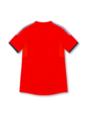 Olympique Marseille 2011/12 adidas third jersey featuring a red body, sky-blue and navy horizontal stripes, light-blue shoulder stripes, OM crest, white Betclic sponsor, navy sleeve cuffs, and ClimaCool branding.