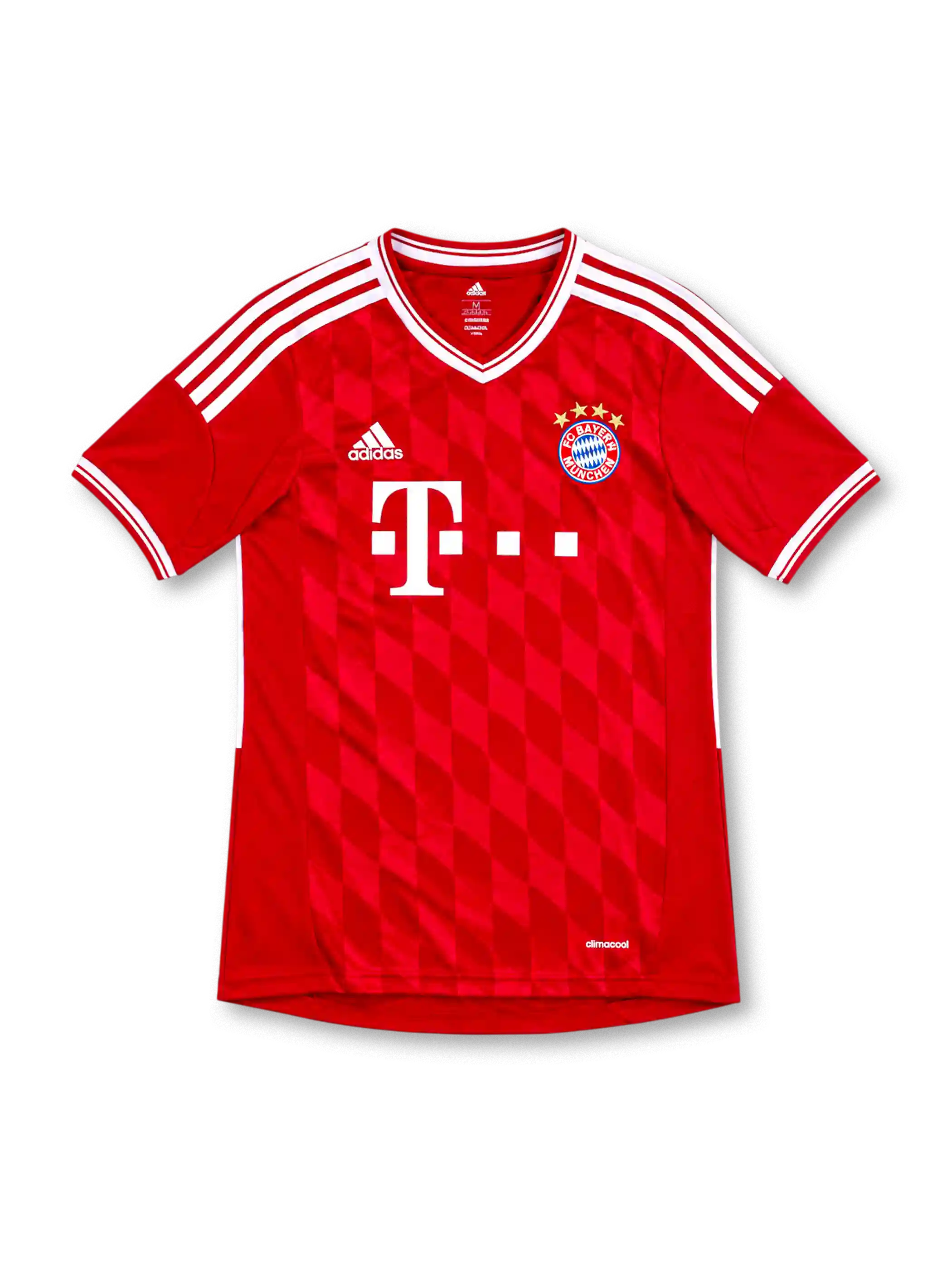 Bayern Munich 2013/14 Bundesliga home jersey by adidas in red with subtle diamond graphics, white shoulder stripes, white-trimmed V-neck and sleeve cuffs, four-star club crest, Deutsche Telekom sponsor, and ClimaCool branding.