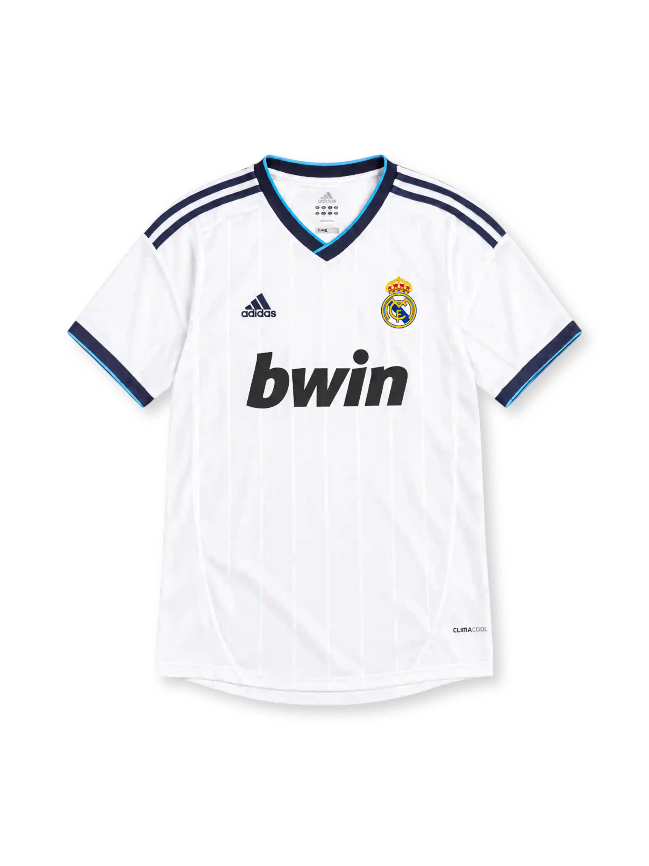 Real Madrid 2012/13 white adidas home jersey with subtle vertical pinstripes, navy shoulder stripes, navy and turquoise V-neck collar, crowned club crest, black bwin sponsor, and ClimaCool branding.