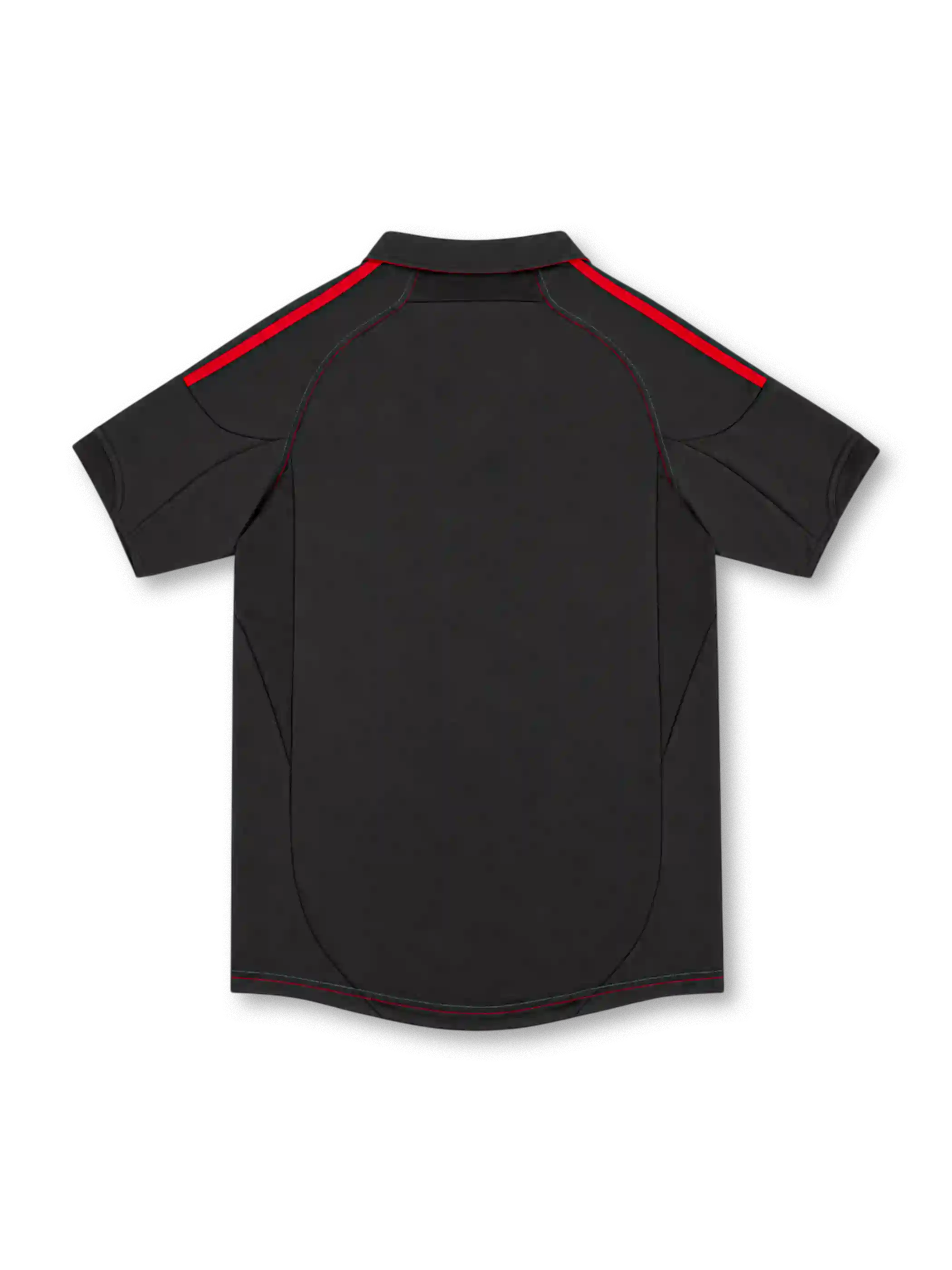 AC Milan 2012/13 black adidas third jersey with red shoulder stripes, black polo collar, Italian tricolor pocket graphic, white adidas logo, gold-star club crest, Fly Emirates sponsor, and ClimaCool branding.