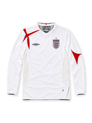 England 2006 Umbro home long sleeve jersey in white with red St George's Cross-inspired shoulder and sleeve graphics, white collar, black Umbro logo, Three Lions crest with gold star, white mesh side panels, and black trim.