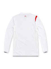 England 2006 Umbro home long sleeve jersey in white with red St George's Cross-inspired shoulder and sleeve graphics, white collar, black Umbro logo, Three Lions crest with gold star, white mesh side panels, and black trim.
