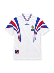 France 1996 adidas away match edition jersey in white with sweeping blue and red shoulder stripes, tricolor V-neck collar, central blue adidas logo, French Football Federation rooster crest, and commemorative-style hem label.