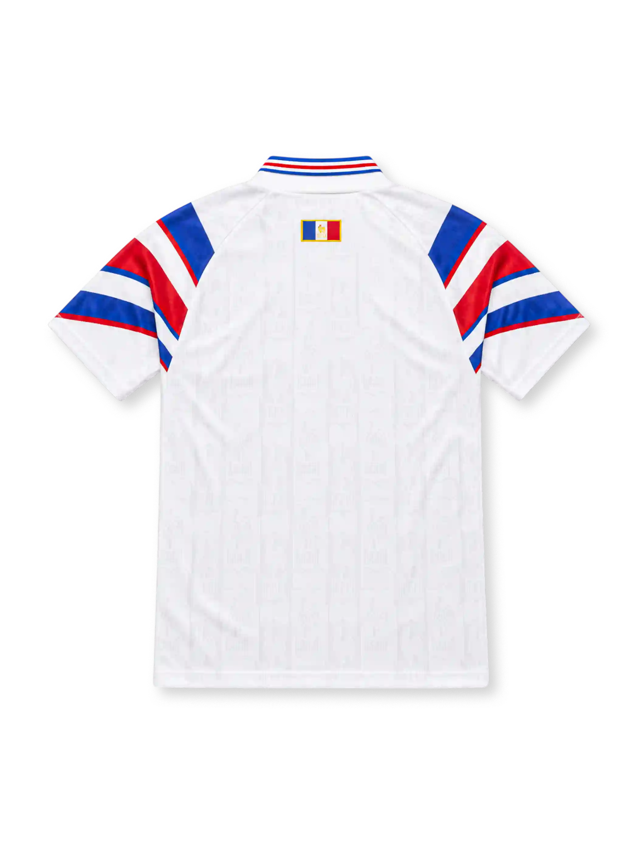 France 1996 adidas away match edition jersey in white with sweeping blue and red shoulder stripes, tricolor V-neck collar, central blue adidas logo, French Football Federation rooster crest, and commemorative-style hem label.