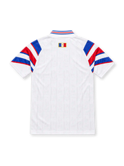 France 1996 adidas away match edition jersey in white with sweeping blue and red shoulder stripes, tricolor V-neck collar, central blue adidas logo, French Football Federation rooster crest, and commemorative-style hem label.