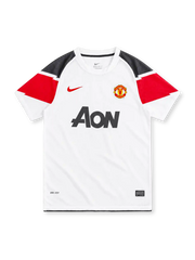 Manchester United 2010/11 white Nike away jersey with black and red geometric shoulder panels, white crew neck, red Nike Swoosh, club crest, black Aon sponsor, Dri-FIT branding, and Authentic-style hem label.