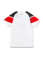 Manchester United 2010/11 white Nike away jersey with black and red geometric shoulder panels, white crew neck, red Nike Swoosh, club crest, black Aon sponsor, Dri-FIT branding, and Authentic-style hem label.