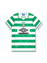 Celtic 1997-99 Umbro home jersey with green and white hoops, textured stripe pattern, oversized tonal Celtic crest, white fold-down collar with green trim, sleeve diamond graphics, and black Umbro sponsor.