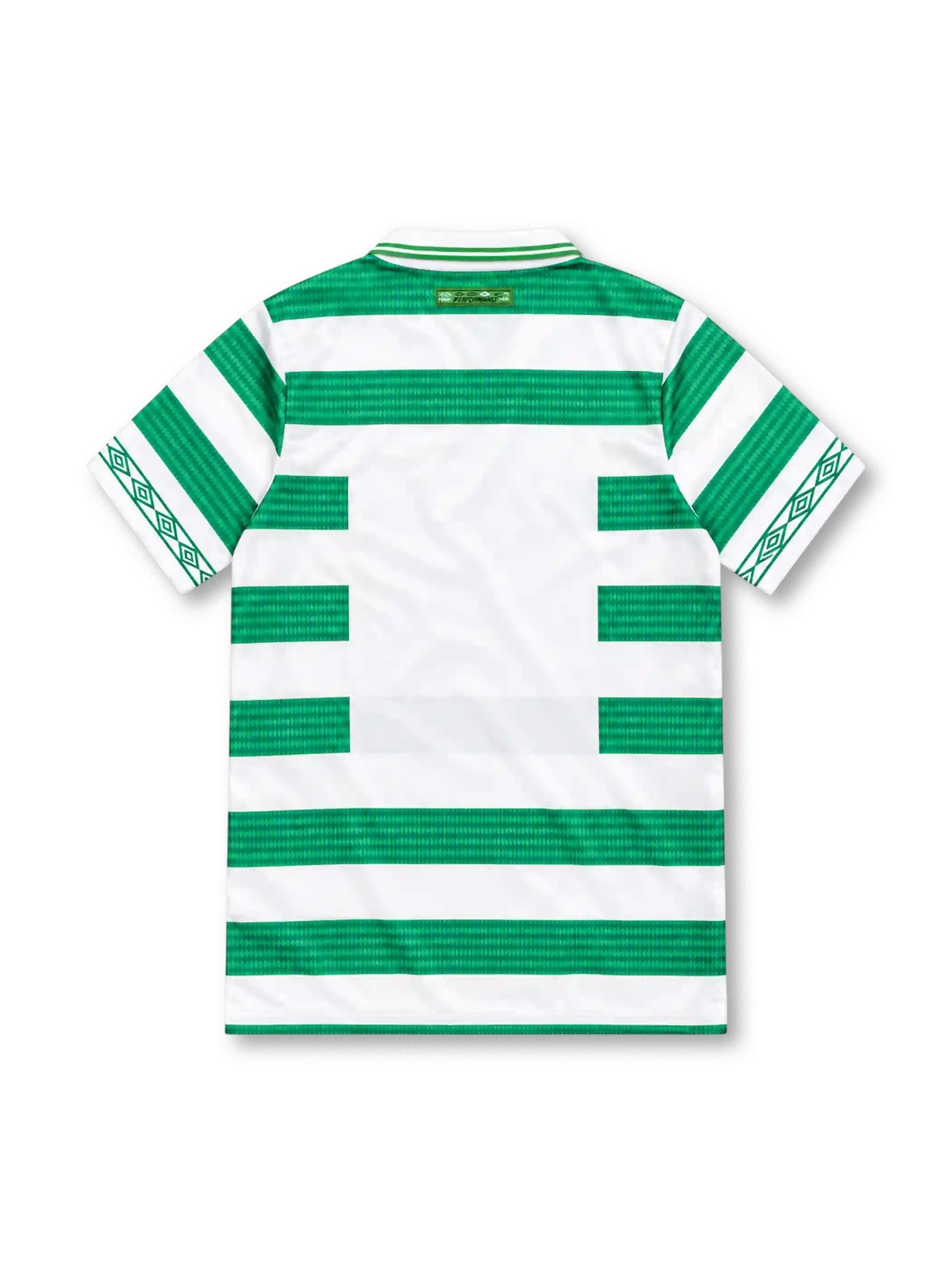 Celtic 1997-99 Umbro home jersey with green and white hoops, textured stripe pattern, oversized tonal Celtic crest, white fold-down collar with green trim, sleeve diamond graphics, and black Umbro sponsor.