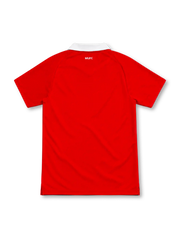 Manchester United 2010/11 red Nike home jersey featuring a white fold-down V-neck collar, patterned white shoulder stripes, white Nike Swoosh, club crest, large Aon sponsor, Dri-FIT branding, and black Authentic-style hem label.