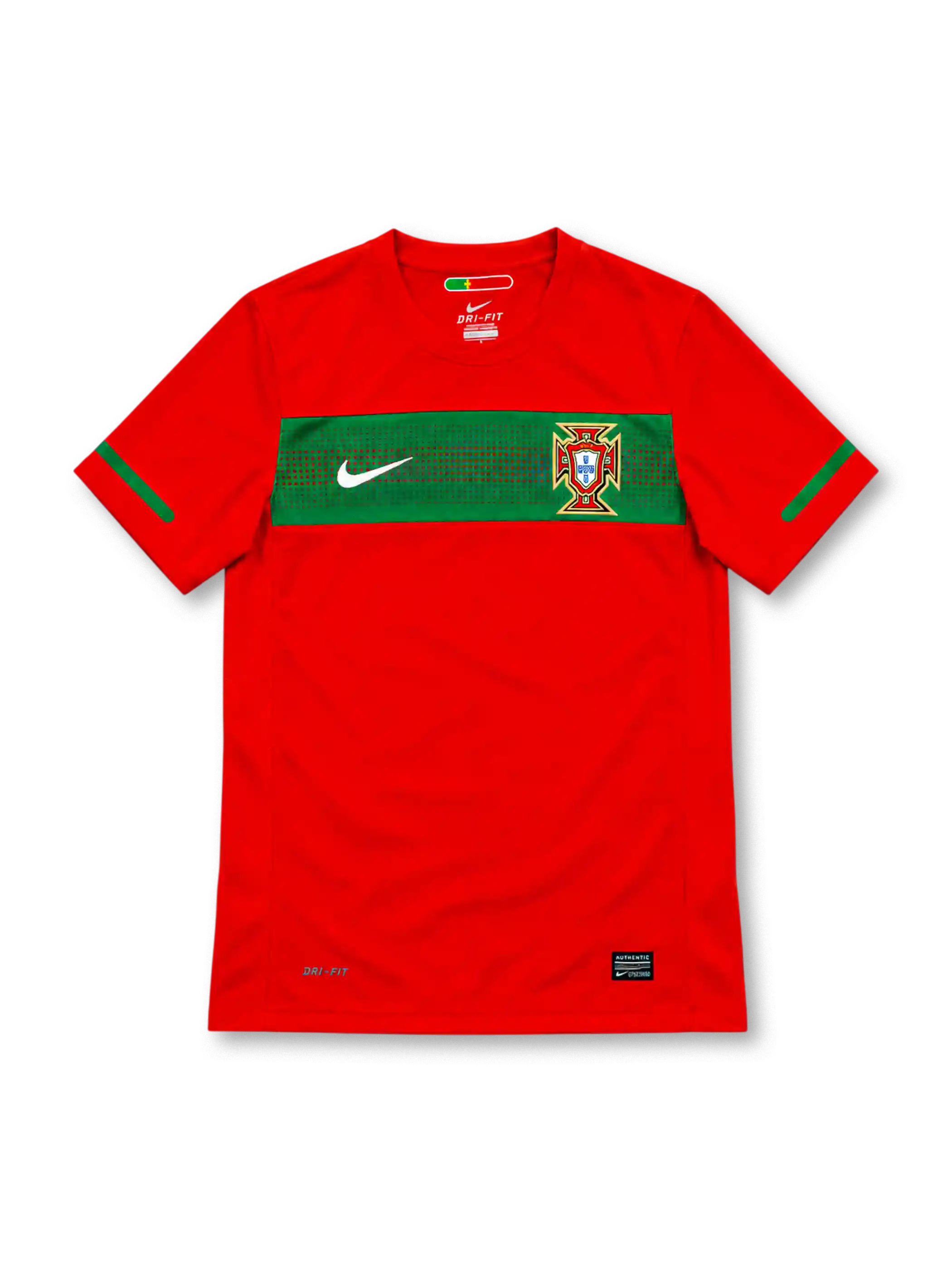 Portugal 2010 red Nike home jersey with a textured green horizontal chest band, white Nike Swoosh, Portuguese Football Federation crest, green sleeve accents, Dri-FIT lettering, and black Authentic-style hem label.