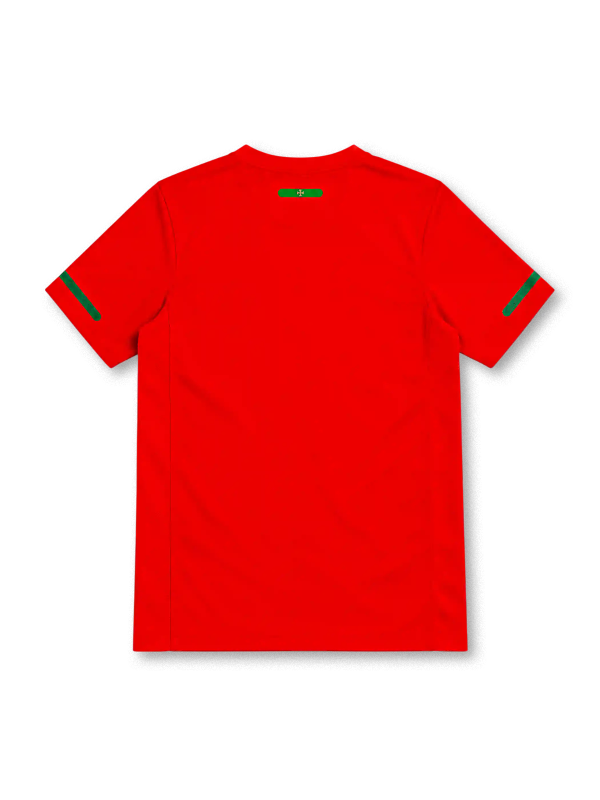 Portugal 2010 red Nike home jersey with a textured green horizontal chest band, white Nike Swoosh, Portuguese Football Federation crest, green sleeve accents, Dri-FIT lettering, and black Authentic-style hem label.