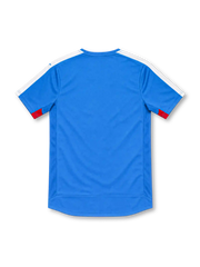 Rangers FC 2015/16 royal-blue Puma home jersey with white shoulder panels, red-trimmed V-neck collar, white Puma logos, five-star Rangers crest, white 32Red sponsor, and red sleeve accents.