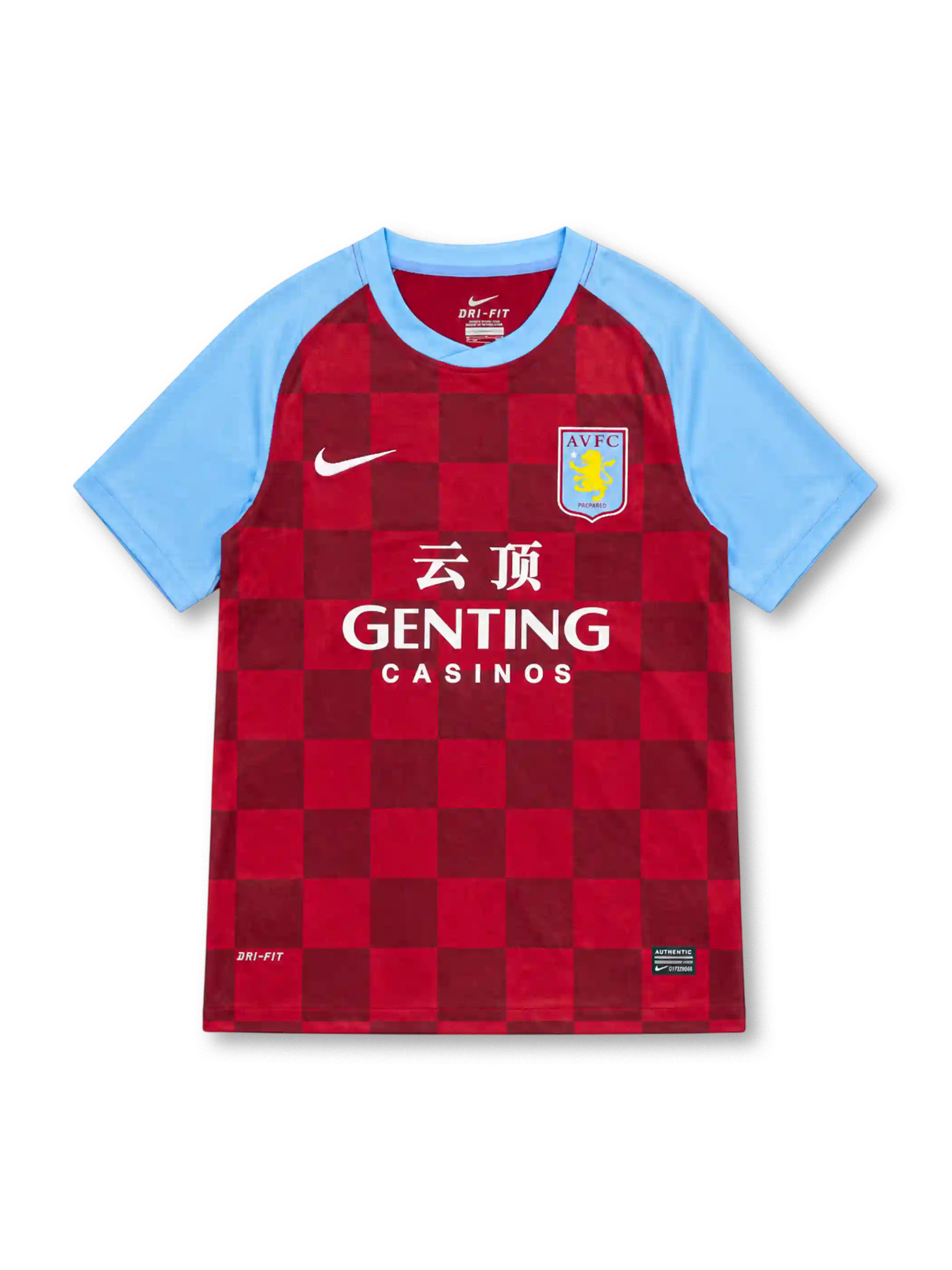 Aston Villa 2011/12 Nike home jersey with claret checkerboard pattern, sky-blue sleeves and collar, white Nike Swoosh, AVFC crest, Genting Casinos sponsor with Chinese characters, and Dri-FIT hem detailing.