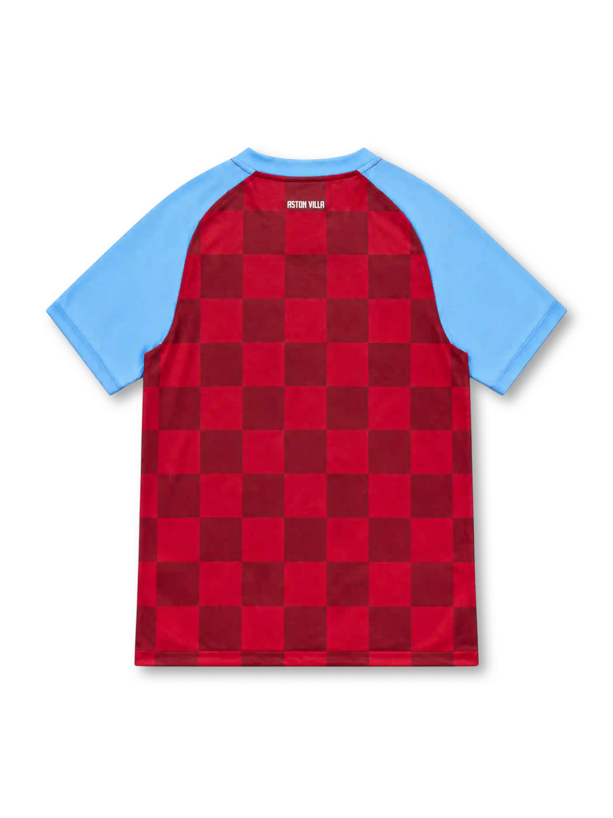 Aston Villa 2011/12 Nike home jersey with claret checkerboard pattern, sky-blue sleeves and collar, white Nike Swoosh, AVFC crest, Genting Casinos sponsor with Chinese characters, and Dri-FIT hem detailing.