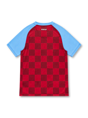 Aston Villa 2011/12 Nike home jersey with claret checkerboard pattern, sky-blue sleeves and collar, white Nike Swoosh, AVFC crest, Genting Casinos sponsor with Chinese characters, and Dri-FIT hem detailing.
