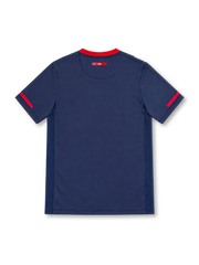 USA 2010 Nike away jersey in navy blue with a broad white diagonal sash outlined in red, red crew-neck collar and sleeve accents, red Nike Swoosh, United States Soccer crest, Dri-FIT branding, and Authentic-style hem label.