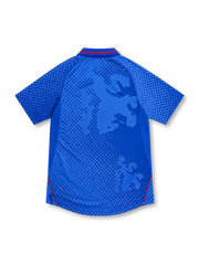 Rangers FC 2002/03 royal-blue Diadora home jersey with tonal dotted lion graphics, blue fold-down collar with red trim, white V-neck insert, white RFC crest, Diadora logo, ntl:home Digital TV sponsor, and red side piping.