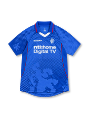 Rangers FC 2002/03 royal-blue Diadora home jersey with tonal dotted lion graphics, blue fold-down collar with red trim, white V-neck insert, white RFC crest, Diadora logo, ntl:home Digital TV sponsor, and red side piping.