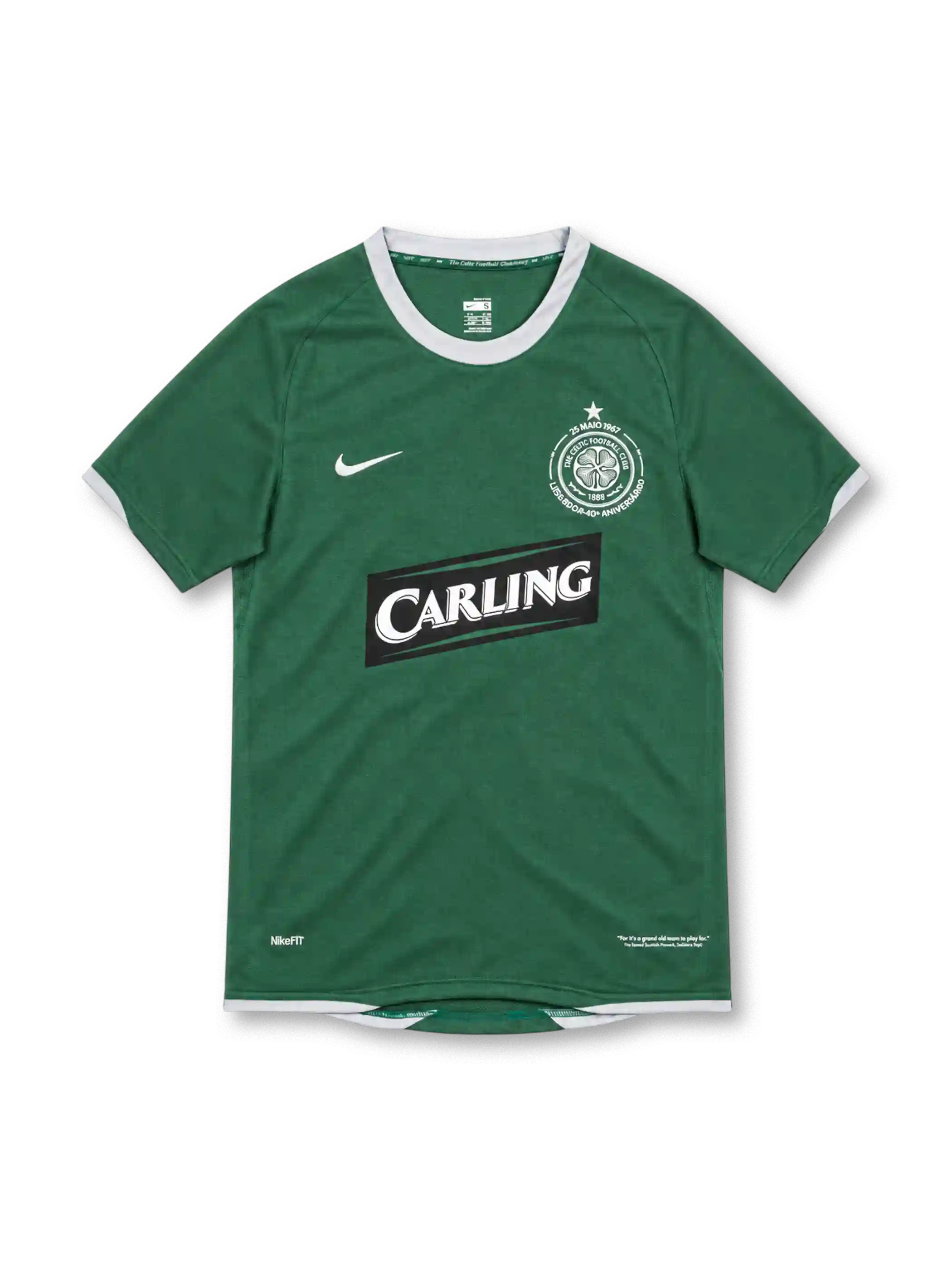 Celtic FC 2007/08 Lisbon Lions 40th anniversary green Nike away jersey with white crew-neck collar and sleeve trim, white Nike Swoosh, commemorative Celtic crest with star, black Carling sponsor, and NikeFIT detailing.