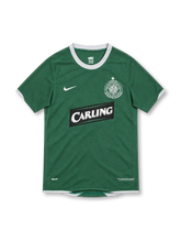 Celtic FC 2007/08 Lisbon Lions 40th anniversary green Nike away jersey with white crew-neck collar and sleeve trim, white Nike Swoosh, commemorative Celtic crest with star, black Carling sponsor, and NikeFIT detailing.